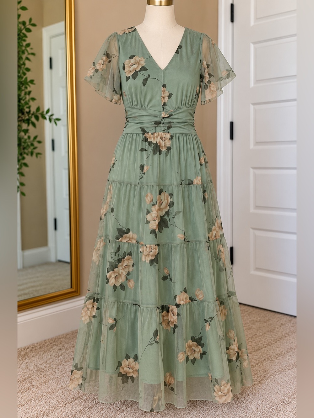 Sage Green Floral V-Neck Maxi Dress
